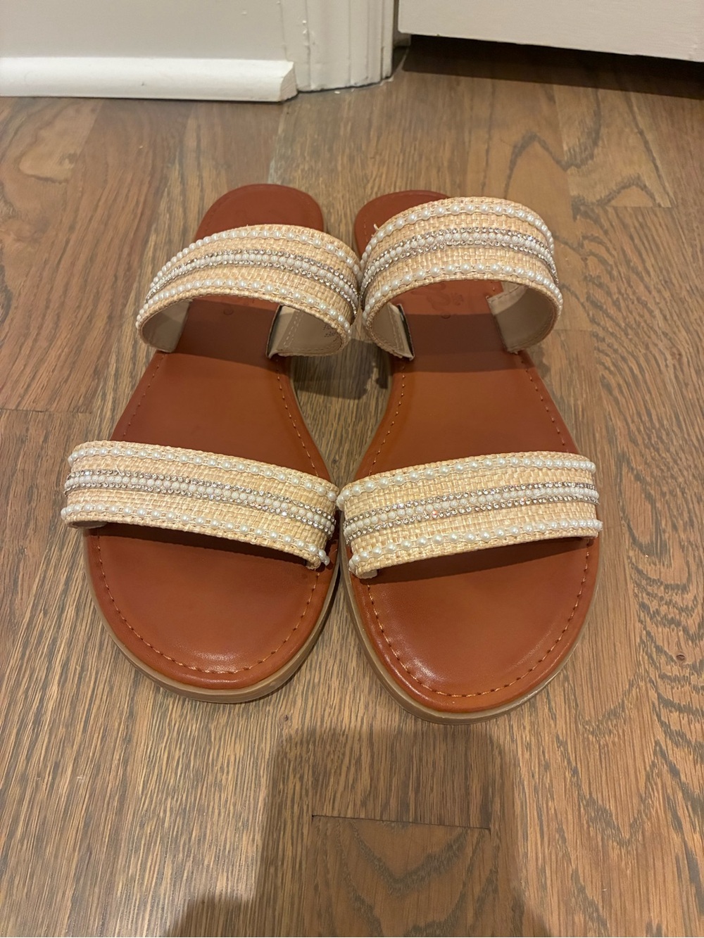 Women's Tan Slide Sandals with Beaded Straps